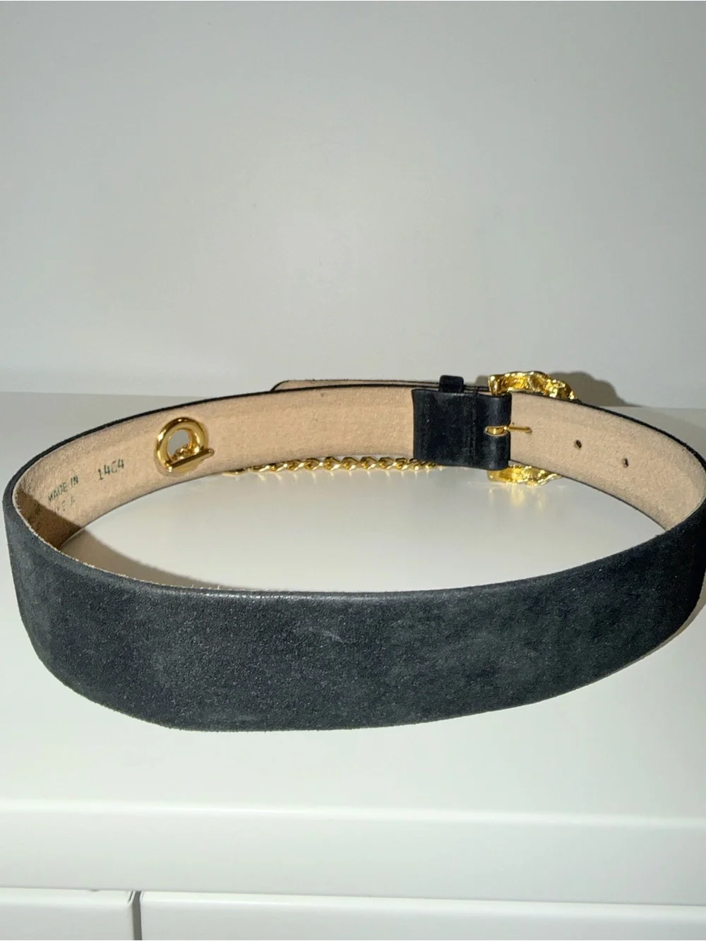 Vtg Rodier Black Genuine Leather Suede Belt with Gold Chain Accent, Sz S